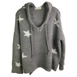 Polaris Fleece Sweater Womens Sz M‎ Gray White Stars Hooded Long Sleeves V-Neck
